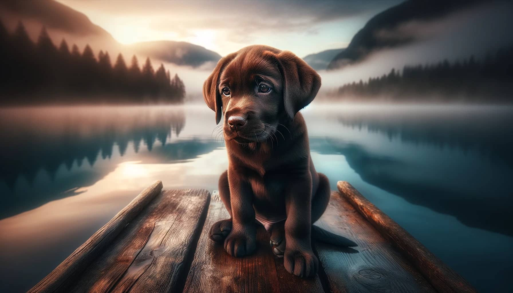 10-week-old Labrador Retriever puppy sitting on a weathered wooden dock, overlooking a misty lake at dawn