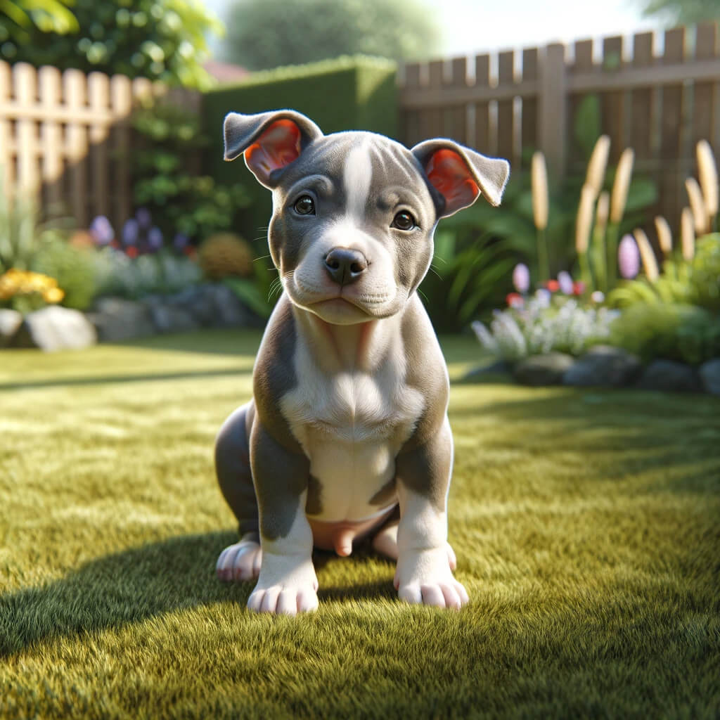 cute pitbull puppy sitting in a sunny backyard, with its ears perked up and looking directly at the camera. The puppy has a shi