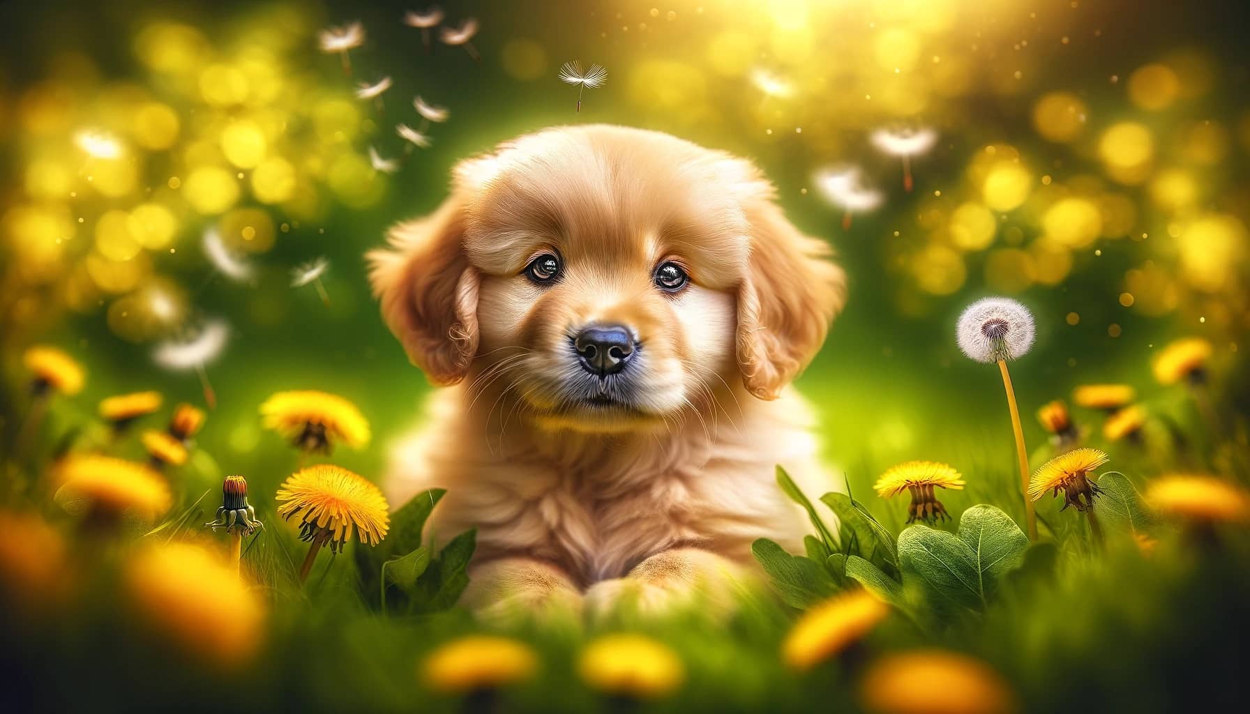 8-week-old Golden Retriever puppy sitting in a field of lush green grass dotted with vibrant yellow dandelions puppy's warm gaze and fluffy golden coat