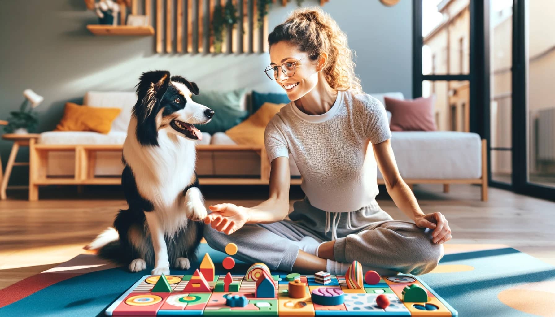 young woman engaging her Border Collie in a stimulating puzzle game, set in a sunlit living room their bond and the positive energy of the training session, emphasizing the mental stimulation and intelligence-boosting activity