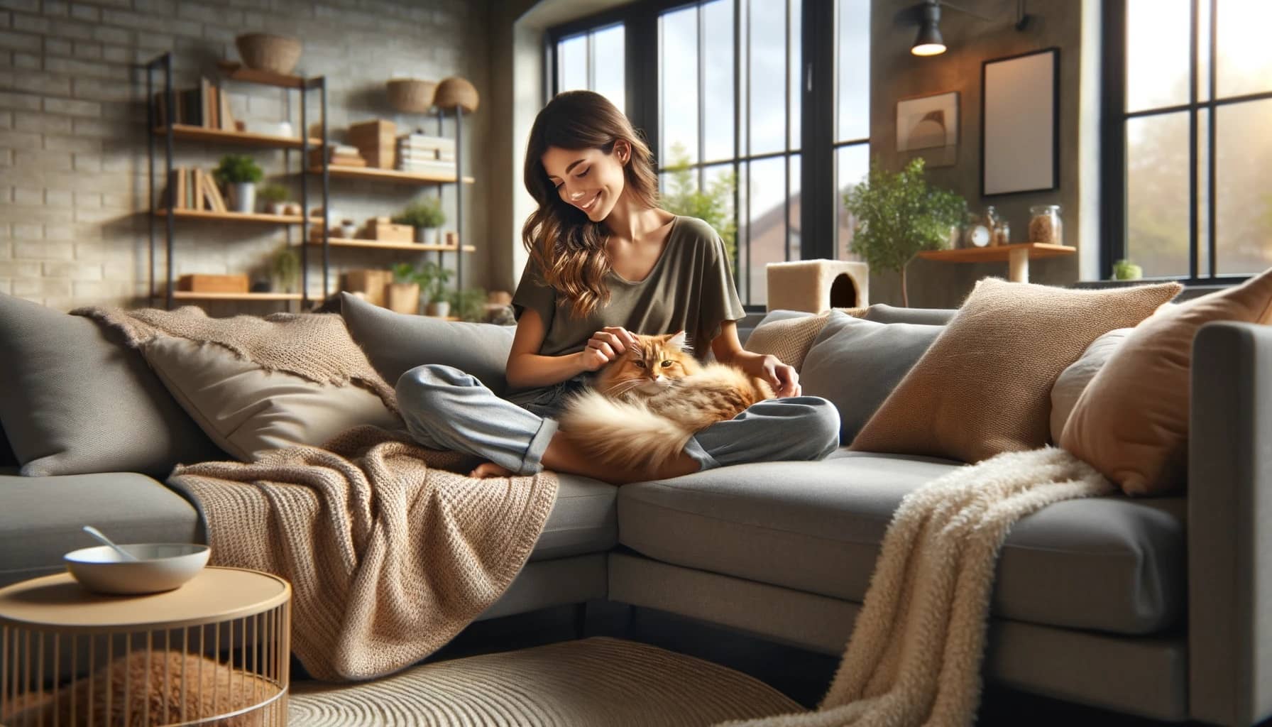 young woman enjoys the companionship of her adorable, fluffy ginger tabby cat on a comfy sofa highlights the bond between the owner and the cat, set in a warm, welcoming atmosphere