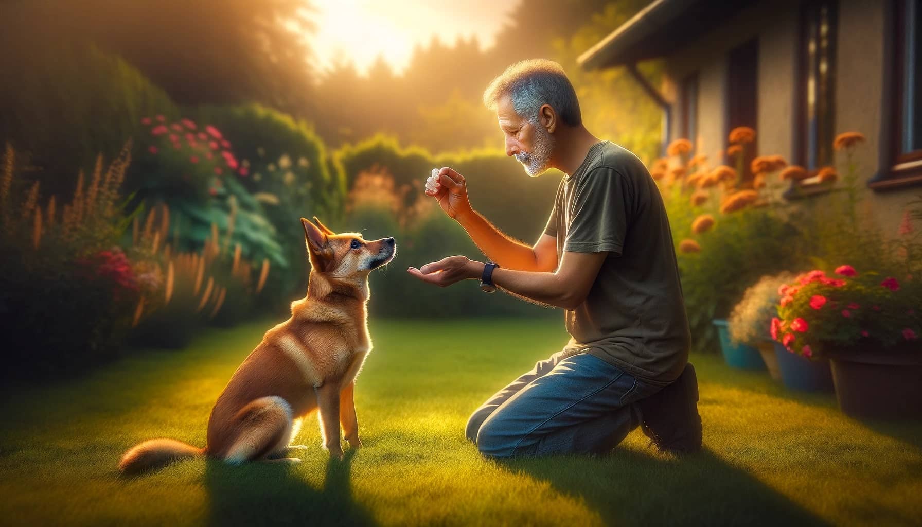 patient owner kneeling on a lush green lawn holding a treat in one hand while their attentive dog sits in front