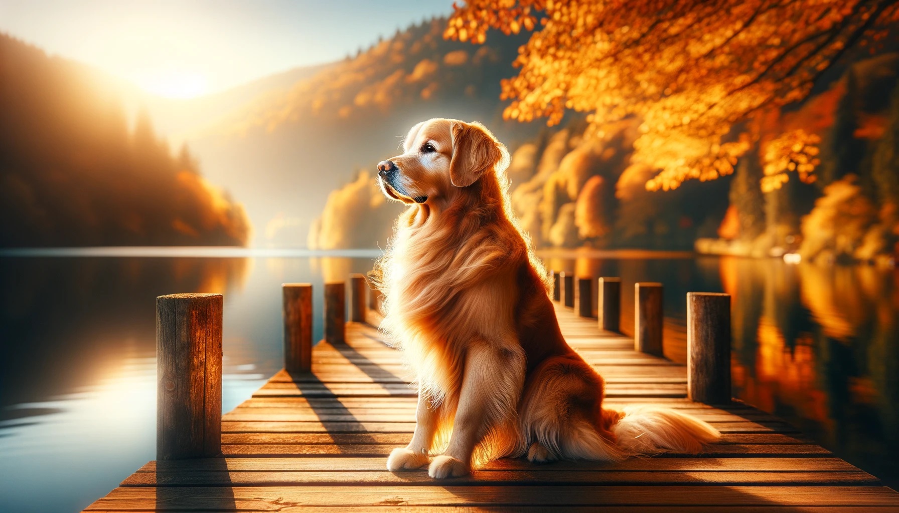 well-groomed Golden Retriever sitting calmly on a wooden pier at a serene lake, surrounded by vibrant autumn foliage